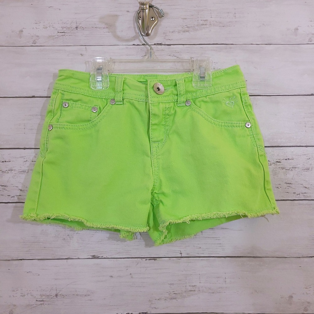 Justice Girls Neon Green Frayed Hem Denim Shorts Size 10R Heart Embroidery